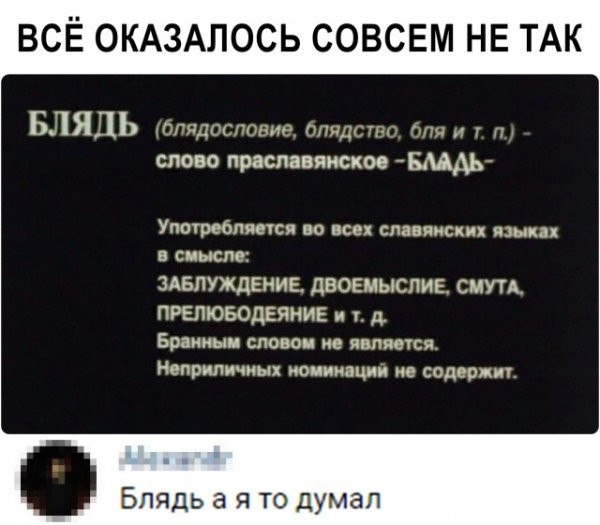 ВСЁ ОКАЗАЛОСЬ СОВСЕМ НЕ ТАК БЛЯЦЬ Огядпгпшии пряди на и слово праславянское МА Употребпяеся во все славянских языках в смысле ЗАБПУЖДЕНИЕ ДВОЕМЫСПИЕ СМУТА прелюводвянив и д Браиныи словои ие являеуся Неприличиых иоиииации не содерпи Блядь а я то думал