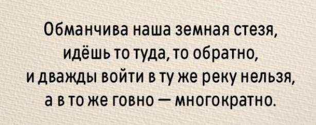 обманчива наша земная стезя идёшь то туда то обратно и дважды войти в ту же реку нельзя а в то же говно многократно