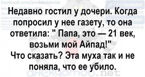 Недавно гостил у дочери Когда попросил у нее газету то она ответила Папа это 21 век возьми мой Айпад Что сказать Эта муха так и не поняла что ее убило