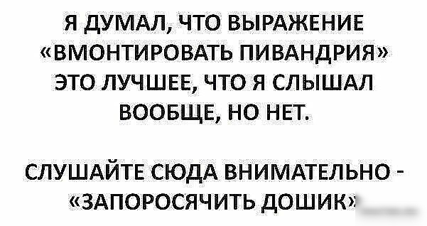 Я ДУМАЛ ЧТО ВЫРАЖЕНИЕ ВМОНТИРОВАТЬ ПИВАНДРИЯ ЭТО ЛУЧШЕЕ ЧТО Я СЛЫШАЛ ВООБЩЕ НО НЕТ СЛУШАЙТЕ СЮДА ВНИМАТЕЛЬНО ЗАПОРОСЯЧИТЬ ДОШИКХ
