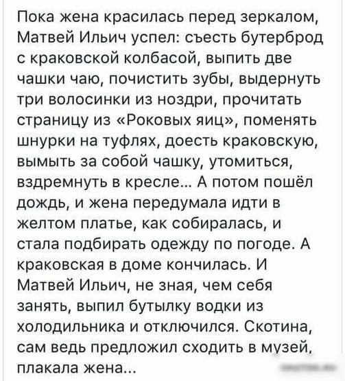 Пока жена красилась перед зеркалом Матвей Ильич успел съесть бутерброд с краковской колбасой выпить две чашки чаю почистить зубы выдернуть три БОПОСИНКИ ИЗ ноздри прочитать страницу из Роковых ЯИЦ поменять шнурки на туфлях доесть краковскую вымыть за собой чашку утомиться вздремнуть в кресле А потом пошёл дождь и жена передумала идти в желтом платье как собиралась и стала подбирать одежду по погод