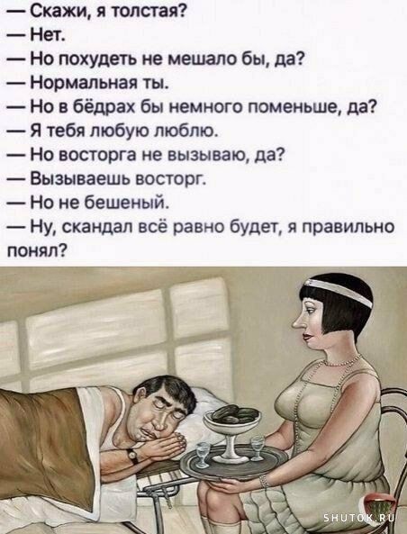 Скажи я толстая Нет Но похудеть не нашло бы да Нормальная ты Но в бёдрах бы немного поменьше да Я тебя любую люблю Но восторга не вызываю да Вызываешь восторг Но не бешеный Ну скандал всё равно будет я правильно понял