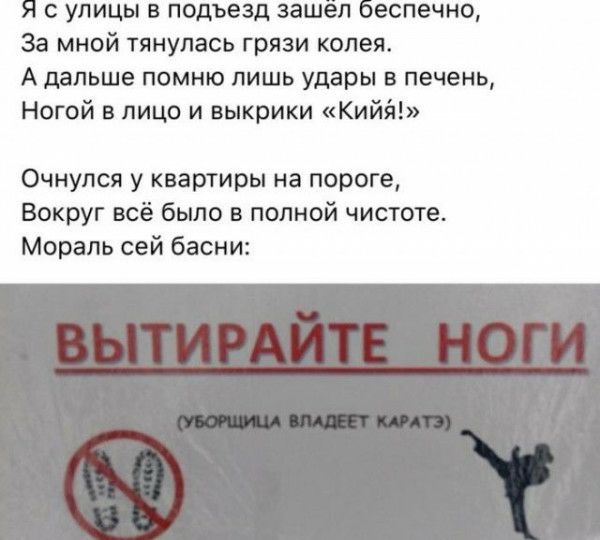 с улицы в подъезд зашел еспечно За мной тянулась грязи колея А дальше помню лишь удары в печень Ногой в лицо и выкрики Кийй Очнулся у квартиры на пороге Вокруг всё было в полной чистоте Мораль сей басни