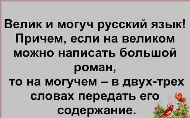 Велик и могуч русский язык Причем если на великом можно написать большой роман то на могучем в двух трех СПОВЗХ передать его содержание