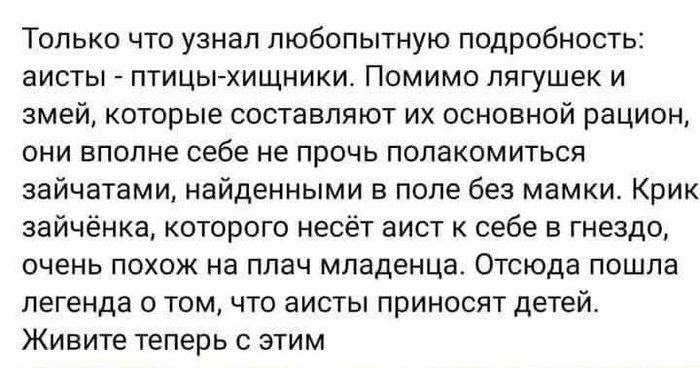 Только что узнал любопытную подробность аисты птицыхищники Помимо лягушек и змей которые составляют их основной рацион они вполне себе не прочь полакомиться зайчатами найденными в поле без мамки Крик зайчёнка которого несёт аист к себе в гнездо очень похож на плач младенца Отсюда пошла легенда о том что аисты приносят детей Живите теперь с этим