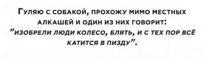 Гуляю с соыкой прохожу мимо местных АЛКАШЕЙ и один из них говорит изоврели люди колесо БЛЯТЬ и с тех пор всё кдтится в пизду