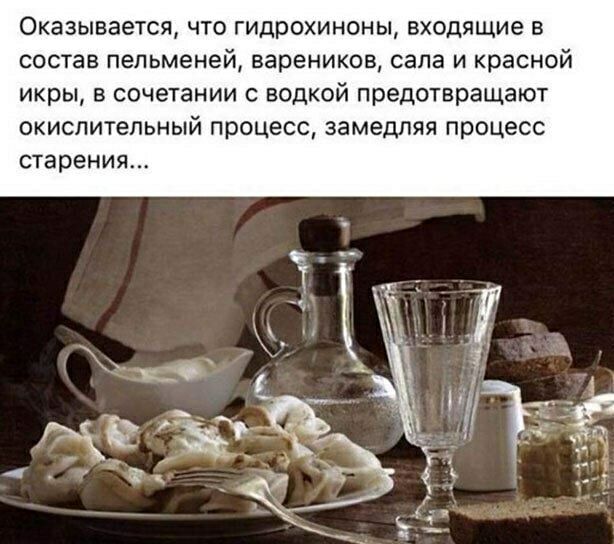 Оказывается что гидрохиноны входящие в состав пельменей вареников сала и красной икры в сочетании с водкой предотвращают окислительный процесс замедляя процесс старения