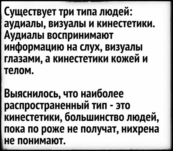 Существует три типа людей аудиалы визуалы и кинестетики Аудиалы воспринимают информацию на слух визуалы глазами кинестетики кожей и телом Выяснилось что наиболее распространенный тип это кинестетики большинство людей пока по роже не получат нихрена не понимают