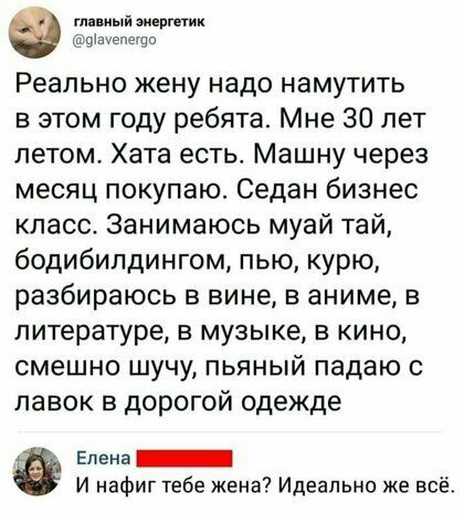 тииыймевгнии епщи Реально жену надо намутить в этом году ребята Мне 30 лет летом Хата есть Машну через месяц покупаю Седан бизнес класс Занимаюсь муай тай бодибилдингом пью курю разбираюсь в вине в аниме в литературе в музыке в кино смешно шучу пьяный падаю с лавок в дорогой одежде Елена _ И нафиг тебе жена Идеально же все