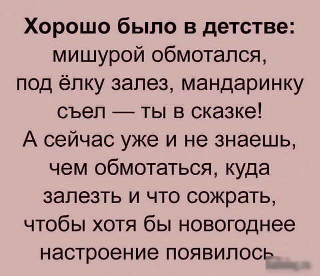 Хорошо было в детстве мишурой обмотапся под ёлку залез мандаринку съел ты в сказке А сейчас уже и не знаешь чем обмотаться куда залезть и что сожрать чтобы хотя бы новогоднее настроение появилось