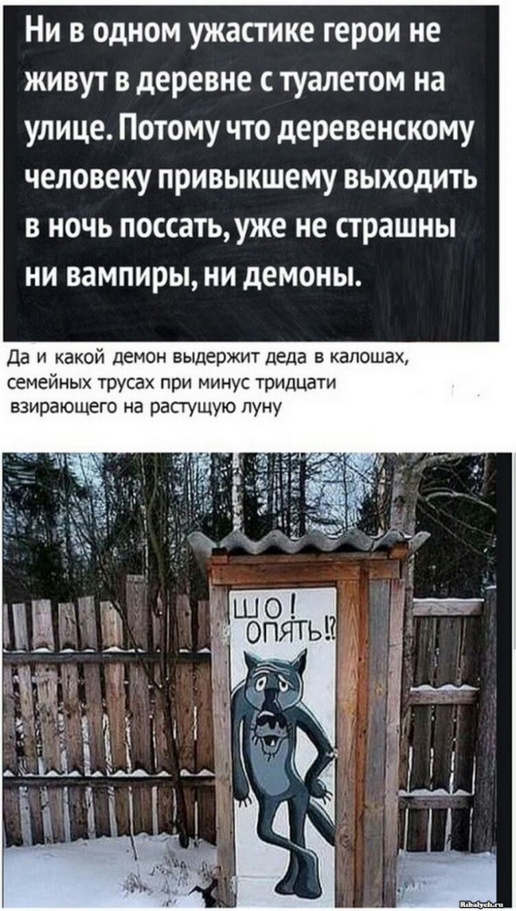 Ни в одном ужастике герои не живут в деревне с туалетом на улице Потому что деревенскому человеку привыкшему выходить в ночь поссать уже не страшны ни вампиры ни демоны Да и какой демон выдержит деда в капошах семейных трусах при минус тридцати взирающего на растущую луну