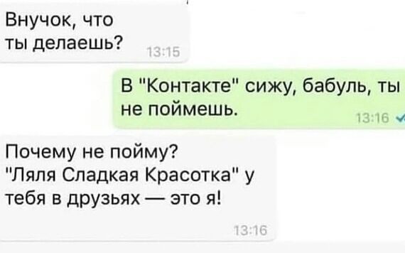 Внучок что ты делаешь В Контакте сижу бабуль ты не поймешь 6 Почему не пойму Ляля Сладкая Красотка у тебя в друзьях это я