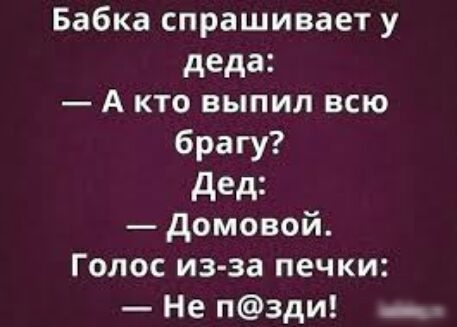 Бабка спрашивает у деда А кто выпил всю брагу дед домовой Голос из за печки Не пзди _