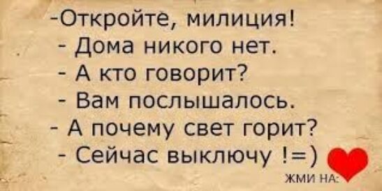 Откройте милиция Дома никого нет А кто говорит Вам послышалось А почему свет горит Сейчас выключу ЖМИ НА