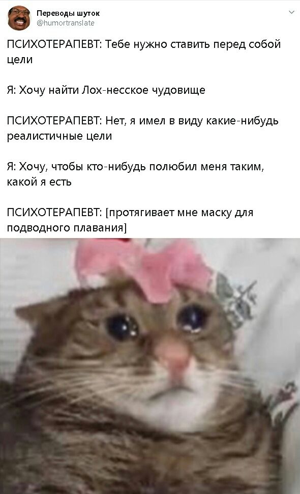 Переводы шуток у Нцтогігапыые ПСИХОТЕРАПЕВТ Тебе нужно ставить перед собой цели Я Хочу найти Лохйнесское чудовище ПСИХОТЕРАПЕВТ Нет я имел в виду какиейнибудь реалистичные цели Я Хочу чтобы ктойнибудь полюбил меня таким какой я есть ПСИХОТЕРАПЕВТ протягивает мне маску для подводного плавания й