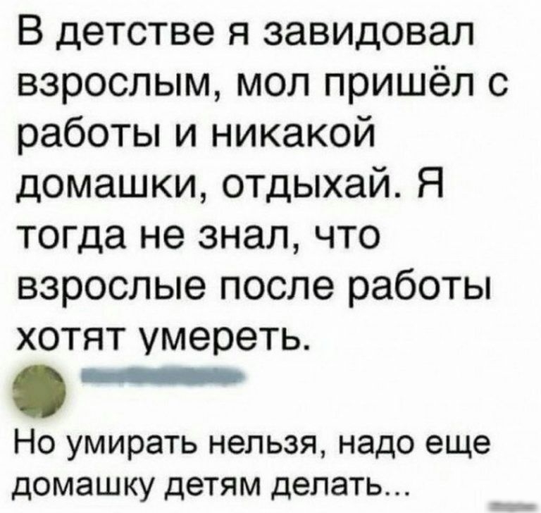 В детстве я завидовал взрослым мол пришёл с работы и никакой домашки отдыхай Я тогда не знал что взрослые после работы хотят умереть Но умирать нельзя надо еще дОМЭШКУ детям делать