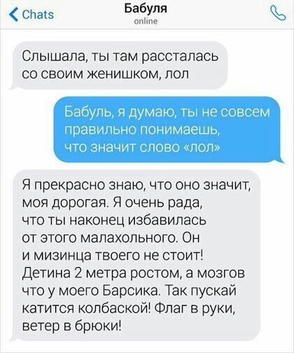 СНаіэ Бабуля опіше Слышала ТЫ там рассталась СО СВОИМ женишком ЛОЛ упь я ду даю ты не шагом нра тьмыпонимаешь ЧТО ЧНЗЧИТ П 0 ПОП Я прекрасно знаю что оно значит моя дорогая Я очень рада что ты наконец избавилась от этого мапахольного Он и мизинца твоего не стоит Детина 2 метра ростом а мозгов что у моего Барсика Так пускай катится копбаской Флаг в руки ветер в брюки