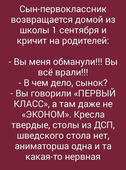 Сын первоклассник возвращается домой из школы 1 сентября и кричит на родителей Вы меня обманули Вы всё врали В чем дело сынок Вы говорили ПЕРВЫЙ КЛАСС а там даже не ЭКОНОМ Кресла твердые столы из ДСП шведского стола нет аниматорша одна и та какая то нервная