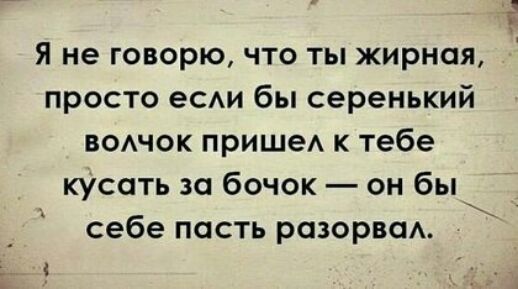 1 я не говорю что ты жирная просто еСАИ бы серенький водчок пришеА к тебе кусать за бочок он бы себе пасть разорвсм