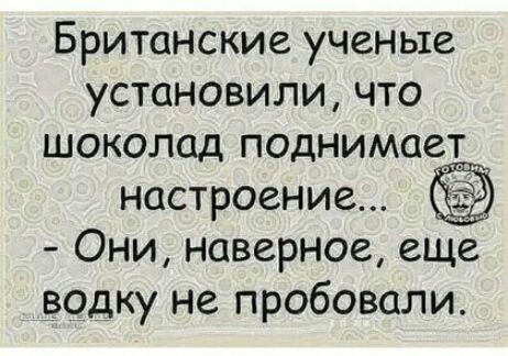 Британские ученые установили что шоколад поднимает настроение Они наверное еще водку не пробовали
