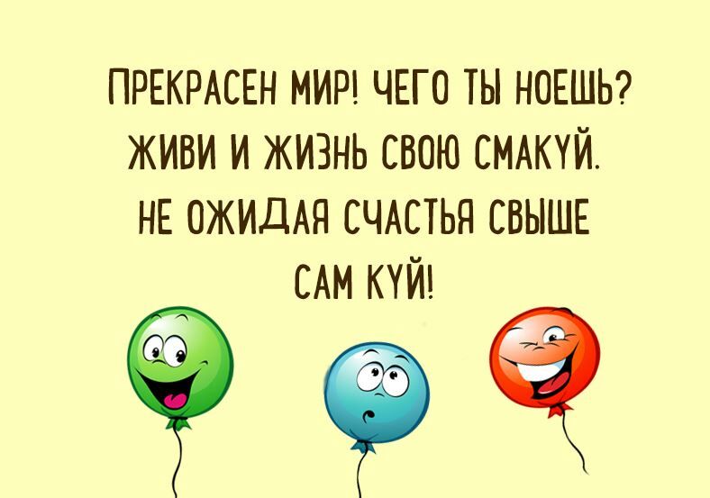 ПРЕКРАСЕН МИР ЧЕГО ТЫ НОЕШЬ ЖИВИ И ЖИЗНЬ СВОЮ СМАКУЙ НЕ ОЖИДАЯ СЧАСТЬЯ СВЫШЕ САМ КУЙ