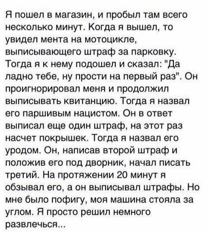 Я пошел в магазин и пробыл там всего несколько минут Когда я вышел то увидел мента на мотоцикле выписывающего штраф за парковку Тогда я к нему подошел и сказал Да ладно тебе ну прости на первый раз Он проигнорировал меня и продолжил выписывать квитанцию Тогда я назвал его паршивым нацистом Он в ответ выписал еще один штраф на этот раз насчет покрышек Тогда я назвал его уродом Он написав второй штр