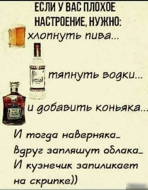 ЕСЛИ У ВАС ПЛПХПЕ НАСТРОЕНИЕ НУЖНО ХАопнуть пива _ в тяпнуть водки и добавить коньяка И тогза наВгрняка Барг запляшут облака И кузнечик запиликагт на скрипке