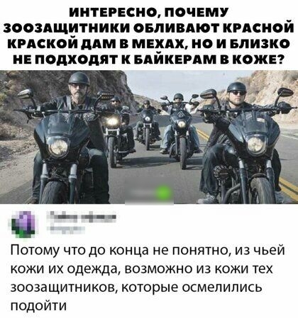 ИНТЕРЕСНО ПОЧЕМУ ЗООЗАЩИТНИКИ ОБЛИВАЮТ КРАСНОЙ КРАСКОЙ АМ В МЕХАХ О И БПИЗКО НЕ ПОДХОДЯТ К БАЙКЕРАМ В КОЖЕ Потому что до конца не понятно из чьей кожи их одежда возможно из кожи тех зоозащитников которые осмелились подойти