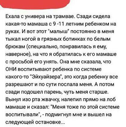 Ехала универа на трамвае Сзади сидела какая то мамаша 9 летним ребенком на руках И вот этот малыш постоянно в меня тыкал ногой в грязных ботинках по белым брюкам специально понравилась я ему наверное на что я обратилась к его мамаше с просьбой его унять Она мне сказала что ОНИ воспитывают ребенка по системе какого то Эйхуайзера это когда ребенку все разрешают и по сути послала меня А потом сзади п