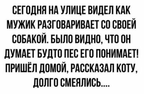 СЕГОДНЯ НА УЛИЦЕ ВИДЕЛ КАК МУЖИК РАЗГПВАРИВАЕТ СО ВВПЕИ ВОБАКОИ БЫЛО ВИДНП ЧТО ОН дУМАЕТ БУДТП ПЕС ЕГО ЛПНИМАЕТ ПРИШЕЛ ЛПМПИ РАССКАЗАЛ КОТУ ПОЛГП БМЕЯЛИВЬ