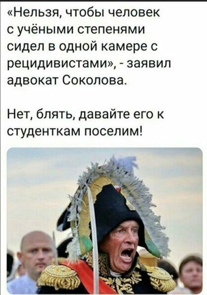 Нельзя чтобы человек с учёными степенями сидел в одной камере с рецидивистами заявил адвокат Соколова Нет блять давайте его к студенткам посепим