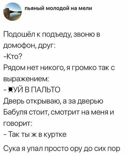 пьяный молодой на мели Подошёп к подъеду звоню в домофон друг Кто Рядом нет никого я громко так с выражением ХУЙ В ПАЛЬТО Дверь открываю а за дверью Бабуля стоит смотрит на меня и говорит Так ты к в куртке Сука я упал просто ору до сих пор