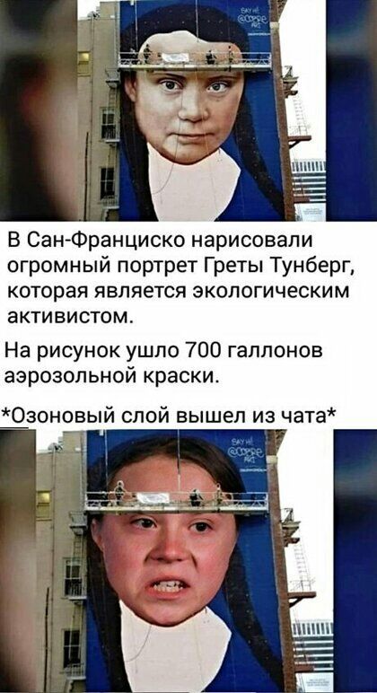 В Сан Франциско нарисовали огромный портрет Греты Тунберг которая является экологическим активистом На рисунок ушло 700 гаппонов аэрозольной краски