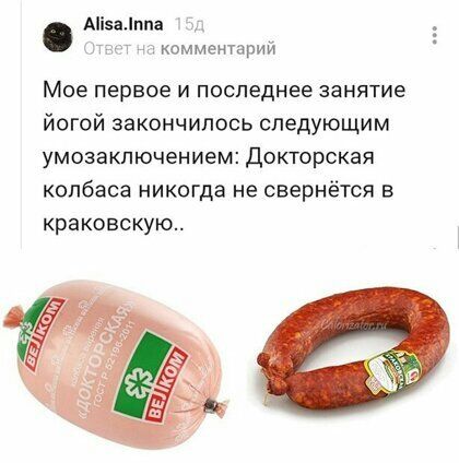 Аіізціппа комментарий МОЕ первое И ПОСЛЕДНЕЕ ЗЗМЯТИЕ йогой закончилось следующим умозаключением докторская колбаса никогда не свернётся в краковскую