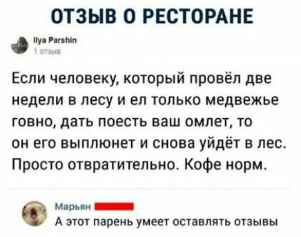 ОТЗЫВ О РЕСТОРАНЕ Если человеку который провёл две недели в лесу и ел только медвежье ГОВНО дать ПОЕСТЬ ваш ОМЛЕТ ТО он его выплюнет и снова уйдёт в лес Просто отвратительно Кофе норм Марии _ А этот парень умеет оставлять отзывы