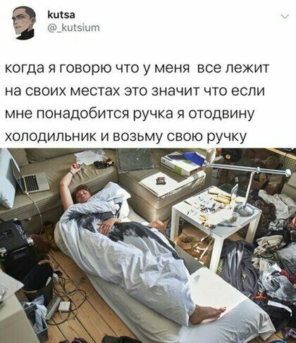 Кшэа этом когда я говорю что у меня все лежит на своих местах это значит что если мне понадобится ручка я отодвину холодильник и возьму свою ручку