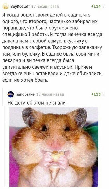 ВеуКмЬ чгов ци Я когда водил своих детей в садик что одного что второго частенько забирал их пораньше что было обусловлено спецификой работы И тогда нянечка всеГДа давала нам с собой самую вкусняху с полдника в салфетка Творожную запеканку там или булочку В садике была своя мини пекарня и выпечка всегда была удивительно свежей и вкусной Причем всегда очень настаивали и даже обижались если не хотел