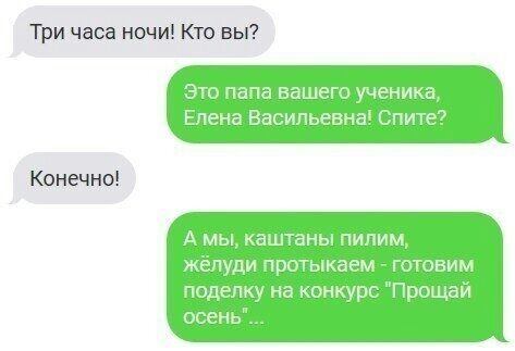 Три часа ночи Кто вы это папа вашего ученика Елена В илосвпа Спи 18 Конечно А мы ашпань пипим желуди чрошкаем гптовим падёт нд монк Прощай осень