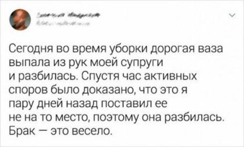 Сегодня во время уборки дорогая ваза выпала из рук моей супруги и разбилась Спустя час активных споров было доказано что это я пару дней назад поставил ее не на то место поэтому она разбилась Брак это весело