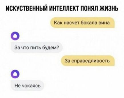 ИОКУСТВЕННЫЙ ИНТЕЛЛЕКТ ПОИЯЛ жизнь 0 за что пи1ь будем _ 0 Не чокаясь