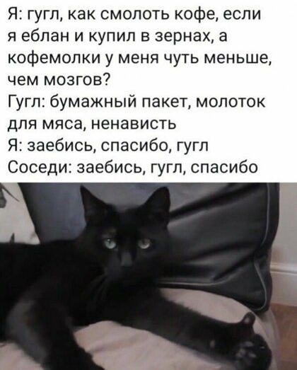 Я гугп как смолоть кофе если я еблан и купил в зернах а кофемолки у меня чуть меньше чем мозгов Гугл бумажный пакет молоток для мяса ненависть Я заебись спасибо гугп Соседи заебись гугп спасибо