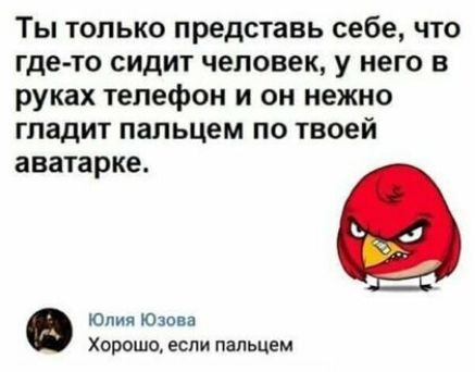 Ты только представь себе что где то сидит человек у него в руках телефон и он нежно гладит пальцем по твоей аватарке Юлия Юзова Хорошо если пальцем