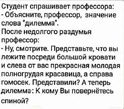 Студент спрашивает профессора Объяснитепрофессорзначение сповадипеммаі После недолгого раздумья профессор Ну смотрите Представьте что вы лежите посреди большой кровати и слева от вас прекрасная молодая полногрудая красавица а справа гомосек Представили А теперь дилемма К кому Вы повернётесь спиной