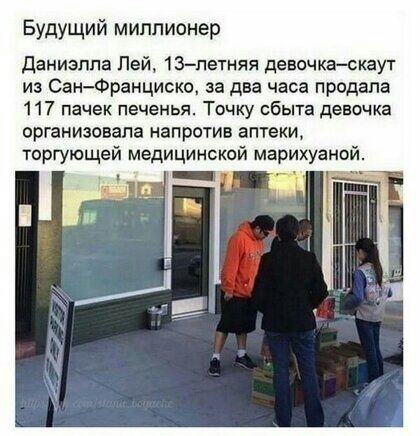 Будущий миллионер даниэпла Лей 13летняя девочкаскаут из СанФранциско за два часа продала 117 пачек печенья Точку сбыта девочка организовала напротив аптеки торгующей медицинской марихуаной ТЧ