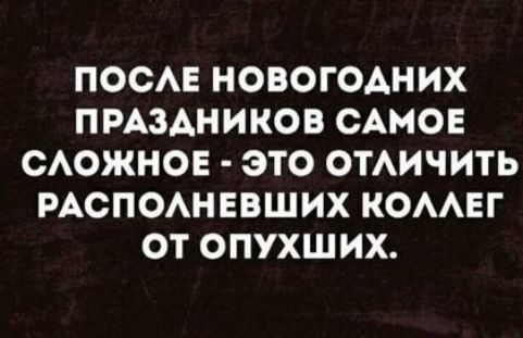 ПОСАЕ НОВОГОДНИХ ПРАЗДНИКОВ САМОЕ САОЖНОЕ ЭТО ОТАИЧИТЬ РАСПОАНЕВШИХ КОААЕГ ОТ ОПУХШИХ