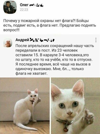 Олег мэйд 23 Почему у пожарной охраны нет флеш Бойцы есть подвиг есть а Флага мет Предлагаю поднять вопрос АндрейивЬ еи Е Послеапрельскихсокпащенийнашучасгь переделали в пост Из 23 человек оставили 15 в карауле 3 4 человекамо по штату кто то на учёбе кто то в отпуске я последнее время всё чаще на вызов в одиночку выезжал Мне бл только флага не хввтэет