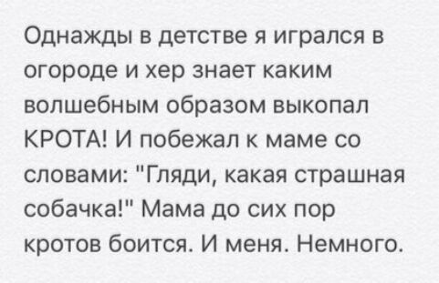 Однажды в детстве я игрался в огороде и хер знает каким волшебным образом выкопал КРОТА И побежал к маме со словами Гляди какая страшная собачка Мама до сих пор кротов боится И меня Немного