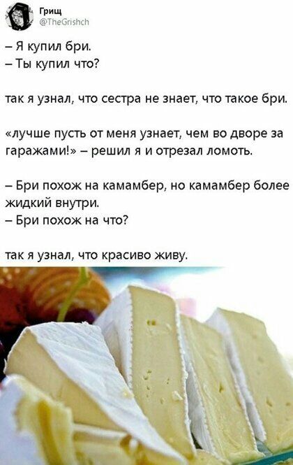 в Я купил бри Ты купил что так я узнал что сестра не знает что такое бри лучше пусгь от меня узнает чем во дворе за гаражами решил я и отрезал ломоть Бри похож на камамбер но камамбер Более жущкий внутри Бри похож на что так я узнал что красиво живу
