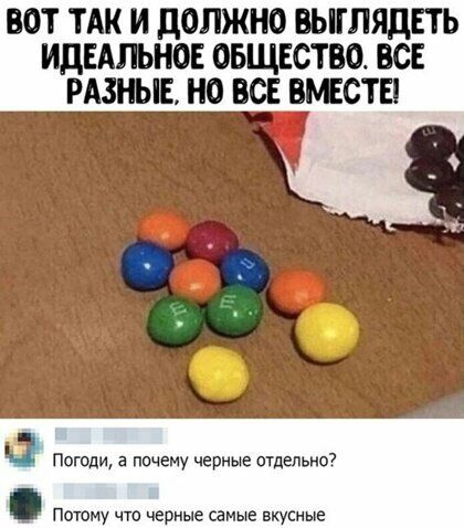 ВОТ ТАК И ДОЛЖНО ВЬППЯДЕТЬ ИДЕАЛЬНОЕ ОБЩЕСТВО ВСЕ РАЗНЫЕ НО ВСЕ ВМЕСТЕ огоди а почему черные отдельно7 тому что черные самые вкусные