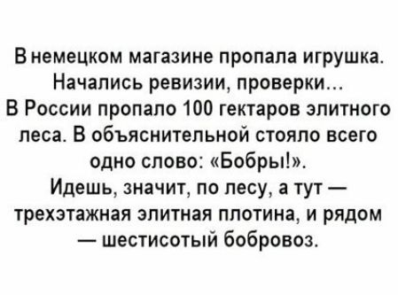 В немецком магазине пропала игрушка Начались ревизии проверки В России пропало 100 гектаров элитного леса В объяснительной стояло всего одно слово Бобры Идешь значит по лесу а тут трехзтажная элитная плотина и рядом шестисотый бобровозе